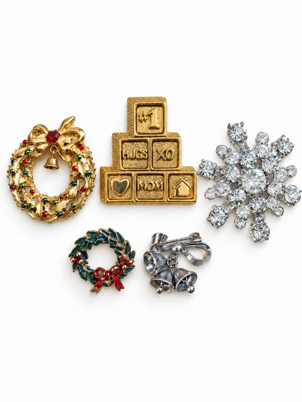 Vintage Costume Jewelry Brooch Pin Lot of 5 – Christmas Holiday Wreath